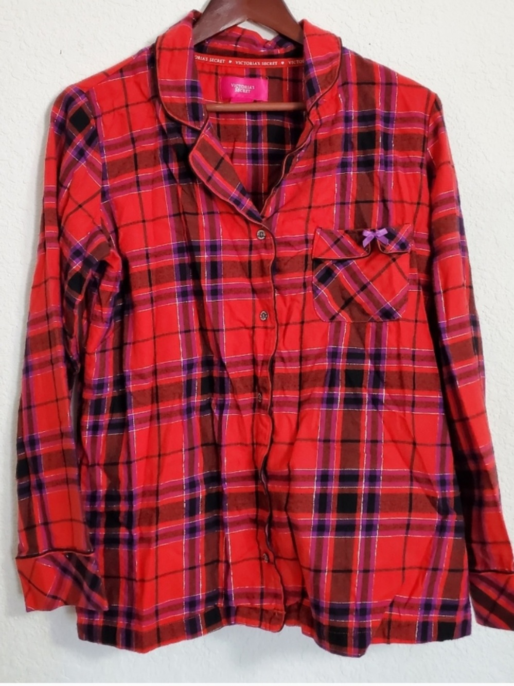 Victoria's Secret Red Plaid Pajama Button-Down with Purple Accents